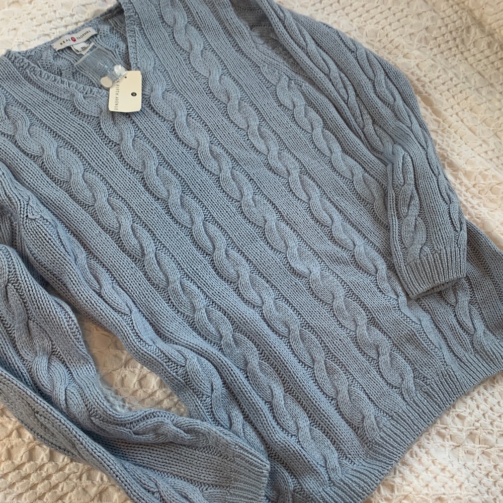 Vintage Saks Real Clothes Light Silk Cashmere Blue Cable Knit Sweater